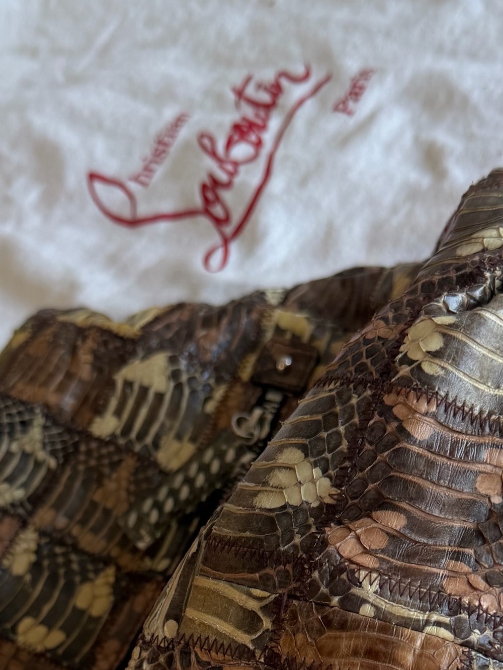 Authentic Christian Louboutin Brown & Cream Python-Pattern Chain-Handle Hobo - Picture 5 of 7